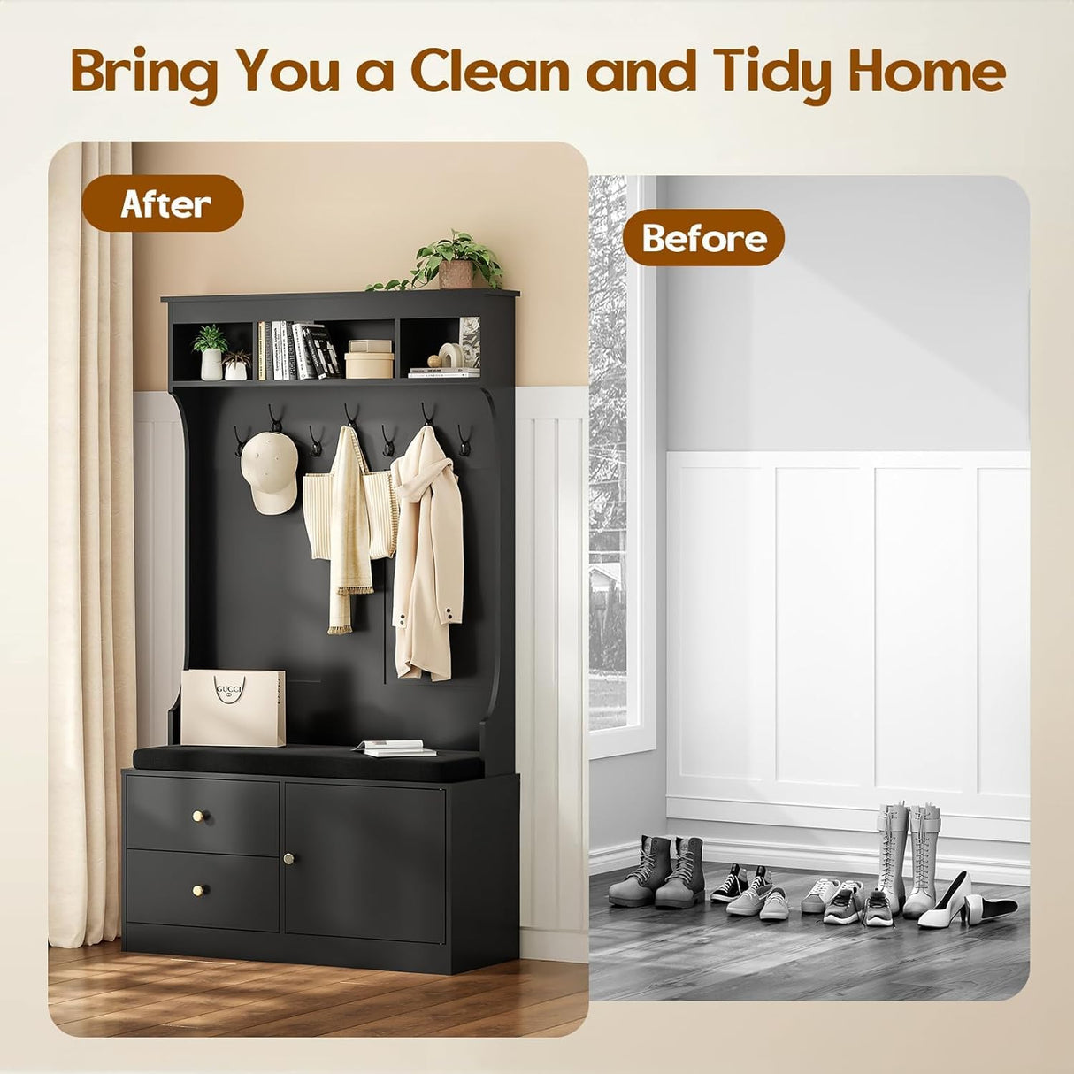 ComeWay Hall Tree with Storage 70.9 Inch Height, Coat Rack with 7 Hooks & Shoe Cabinet with Doors, 6-in-1 Farmhouse Hall Tree Anti-toppling, Shoes Rack for Entryway Hallway, Modern Black ComeWay