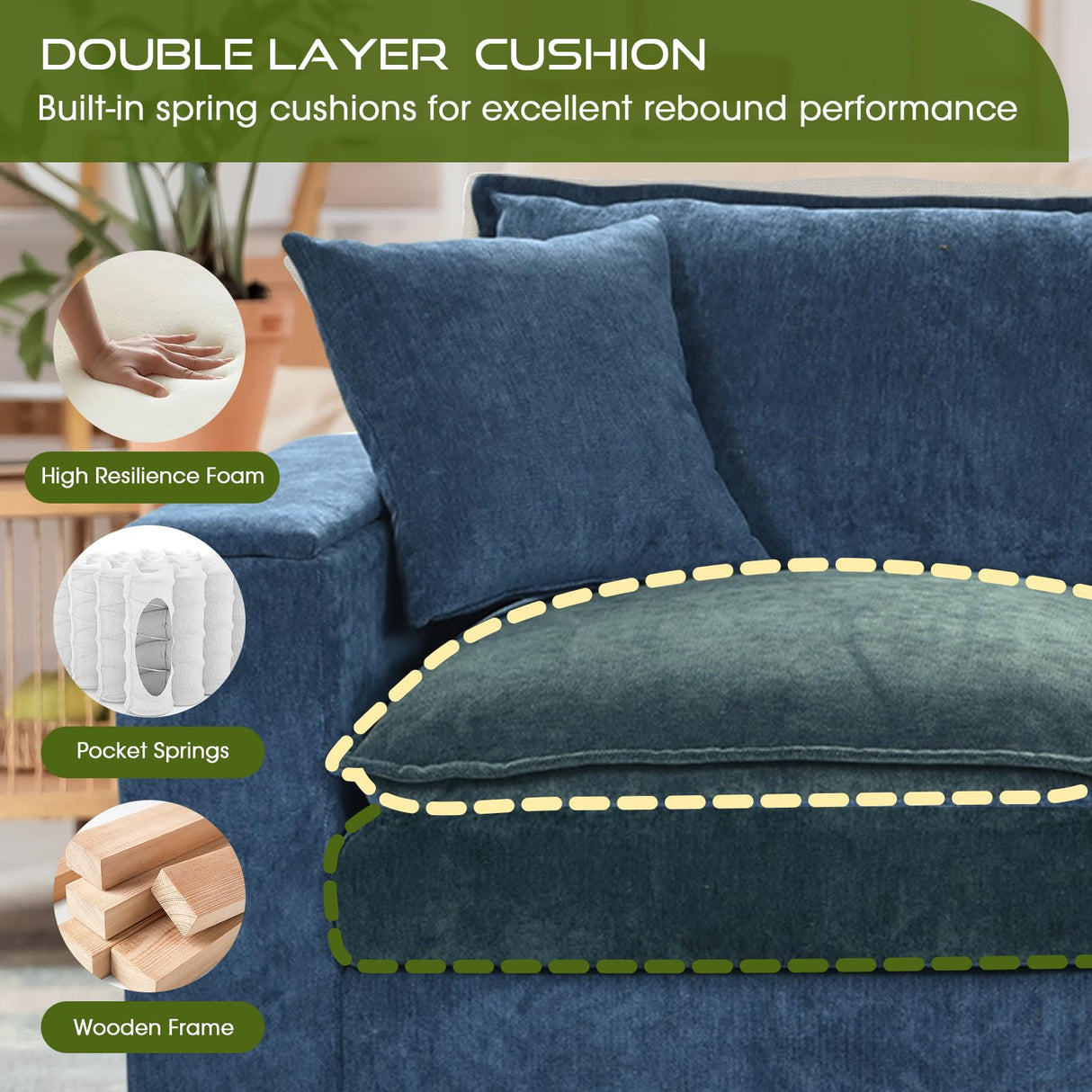 Kvutx 97" 5 Seater L Shaped Couch Corner Sofa, Oversized Cloud Couch with 2 Pillows Chenille Modular Sectional Sofa Armrests with Two Hidden Storage Space Sectional Couches for Living Room Dark Blue Kvutx