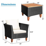 Tangkula 3 Piece Patio Furniture Set, Patiojoy Outdoor Wicker Rattan Bistro Sofa Set w/Washable Cushion, Acacia Wood Top Coffee Table, Conversation Set for Balcony Backyard Porch (White) Tangkula