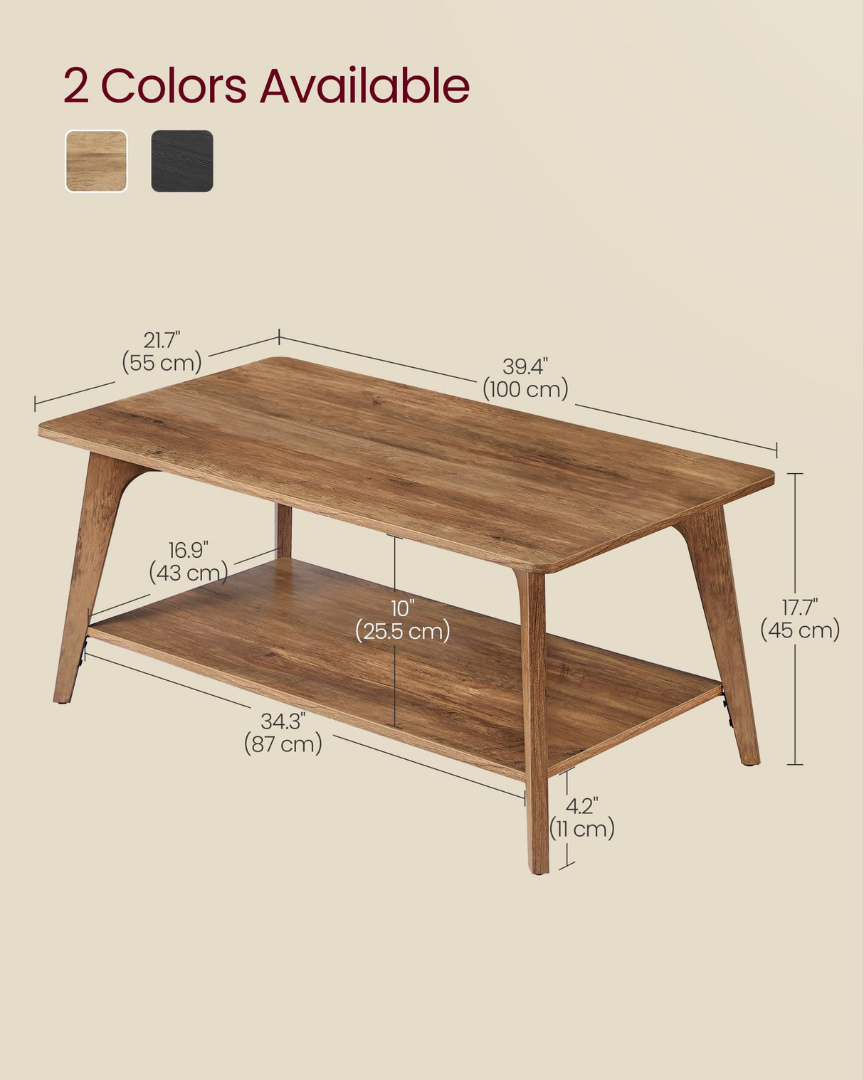 VASAGLE MAEZO Collection - Coffee Table, 2-Tier Center Table with Storage, Tapered Legs, Curved Transitions, 21.7 x 39.4 x 17.7 Inches, Easy to Assemble, for Living Room, Honey Brown ULCT249K01 VASAGLE