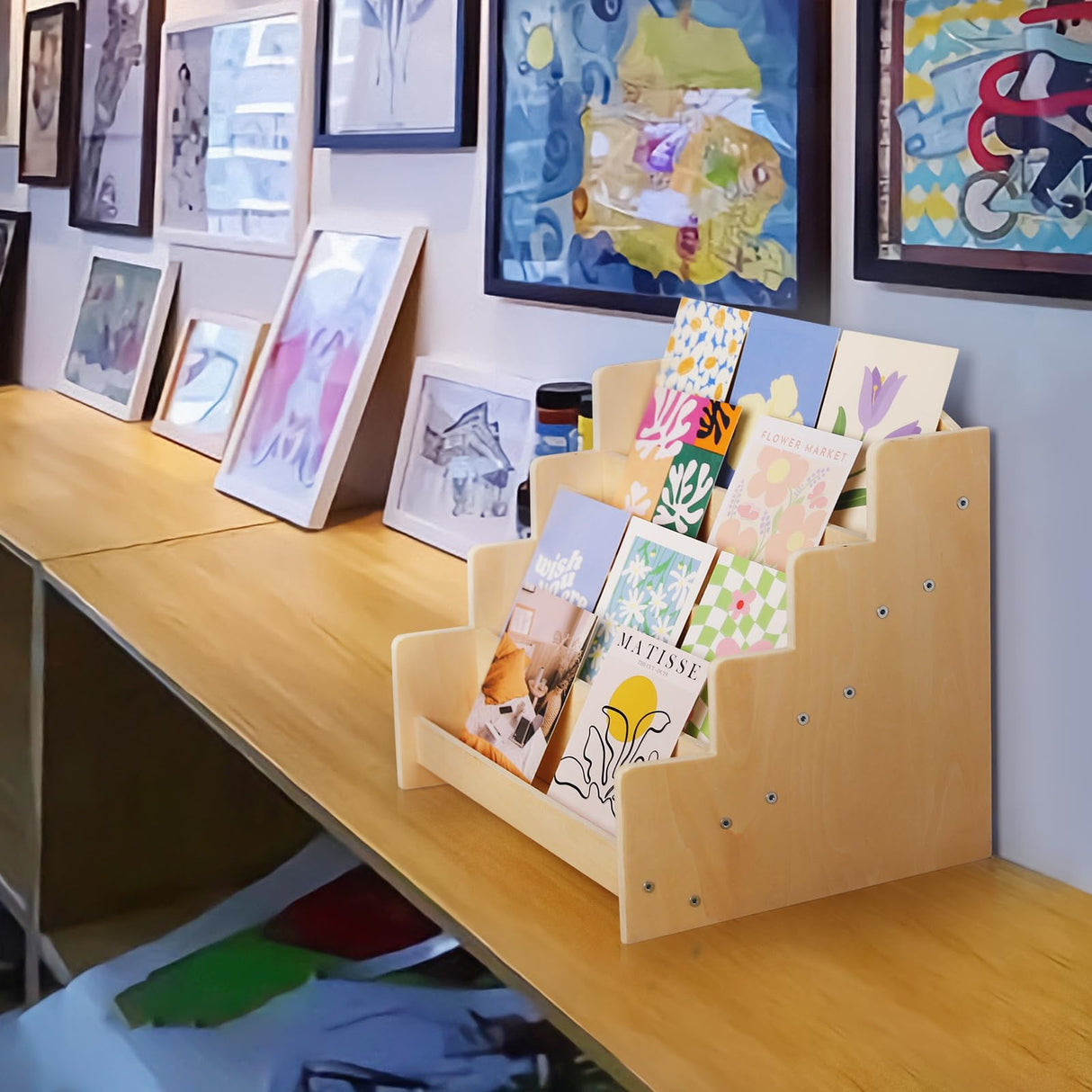 Exood Greeting Card Organizer Display Stand ,Multi-Purpose sticker display stand for vendors , Counter Retail Display Rack , 4-Tiered Wooden Display stand for postcard /Brochure/Photos/Picture Exood