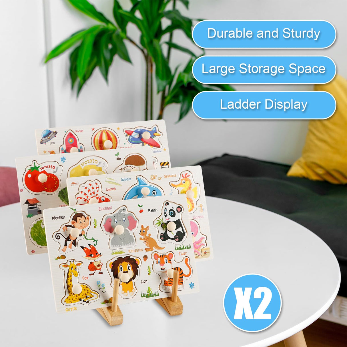 2pcs Wooden Puzzle Storage Rack, Slope Puzzle Display Stand Hold Up to 10 Sets Non-Skidding Puzzle Organizer Holder for Books Collection Lovers PEUTIER