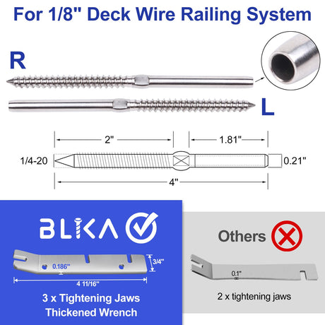 BLIKA 100 Pack T316 Stainless Steel Right&Left Handed Thread Swage Lag Screws for Wood Posts of 1/8" Deck Cable Railing Kit, Wire Railing Kit for Decks with Wrench, DIY Wood Baluster BLIKA