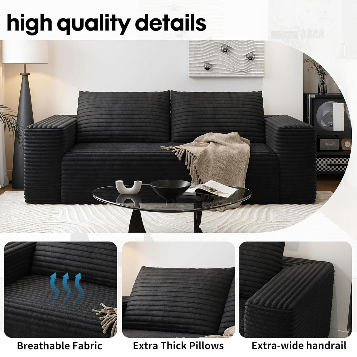 63" Cloud Loveseat Sofa, Modern Corduroy Boneless Couch with Deep Seat Memory Foam, Comfy 2 Seater Foam Floor Couches for Living Room Bedroom Apartment, No Assembly Required (Black, 63"+2 Seaters) YskdhfczQ