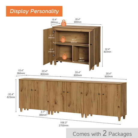 WAMPAT TV Stand Cabinets for 85+ Inches TVs, 3-in-1 Wood Entertainment Center with Doors and 9 Compartments, 106" Modern Media Console Table with Storage for Living Room Bedroom, Oak Brown WAMPAT