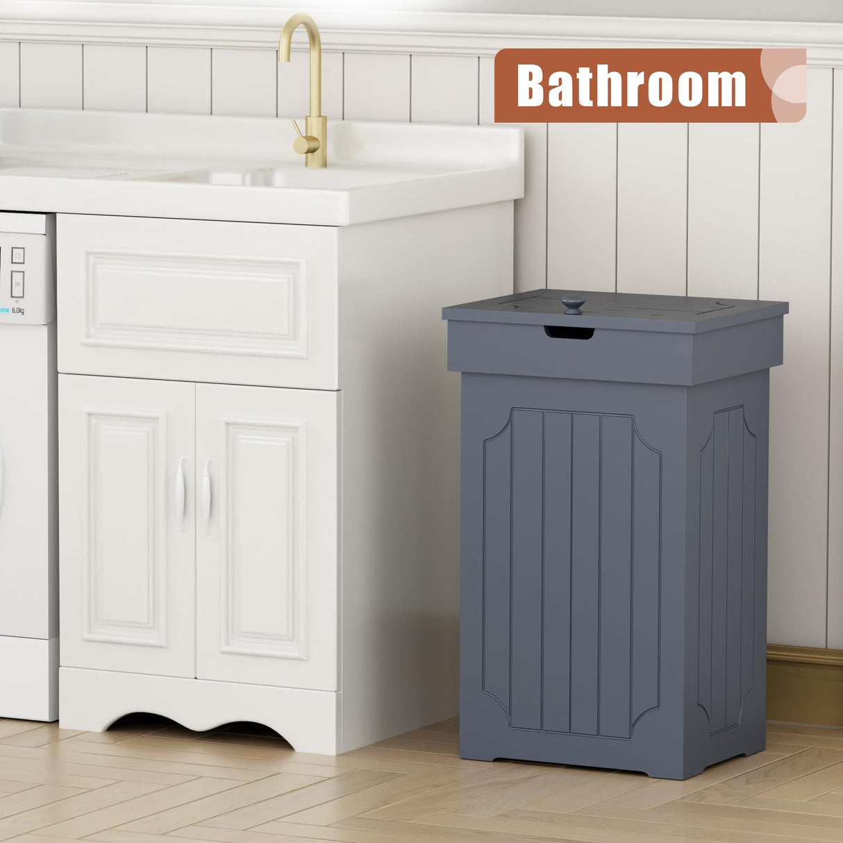 Function Home Trash Can Cabinet, 13 Gallon Kitchen Garbage Can, Wooden Recycling Trash Bin, Freestanding Dog Proof Trash Can, Farmhouse Trash Cabinet with Lid for Home Kitchen Bedroom, Grey Function Home