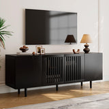 ROMMAK Boho TV Stand for 55-65 Inch TV, 4 Doors, Entertainment Center with Adjustable Shelf, TV Console with 4 Cabinets, Media Console, Solid Wood Feet, Cord Holes for Living Room, Bedroom, Black ROMMAK