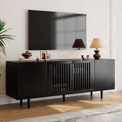 ROMMAK Boho TV Stand for 55-65 Inch TV, 4 Doors, Entertainment Center with Adjustable Shelf, TV Console with 4 Cabinets, Media Console, Solid Wood Feet, Cord Holes for Living Room, Bedroom, Black