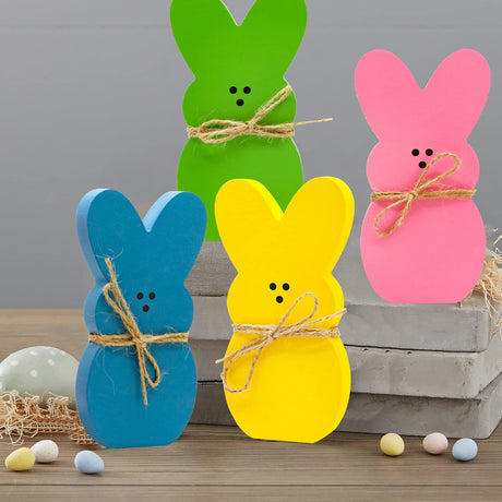 Nawqiav 4Pcs Easter Bunny Decor，Easter Bunny Statues Decorations for The Home，Wood Sign Rabbit Block Set，Wooden Signs Table Centerpiece Farmhouse Decor for Party Fireplace Tiered Tray Tabletop. Nawqiav