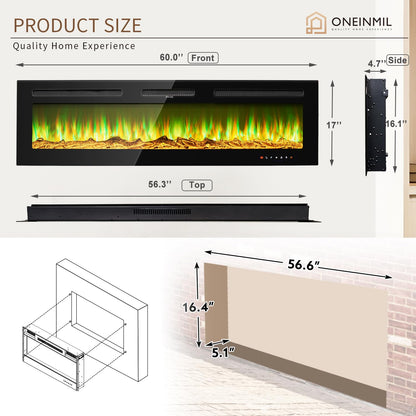 oneinmil Electric Fireplace, 60 inch Wide Recessed and Wall Mounted Electric Fireplace, 750W/1500W, 12 Color Flame, Remote Control, Log Set & Crystal