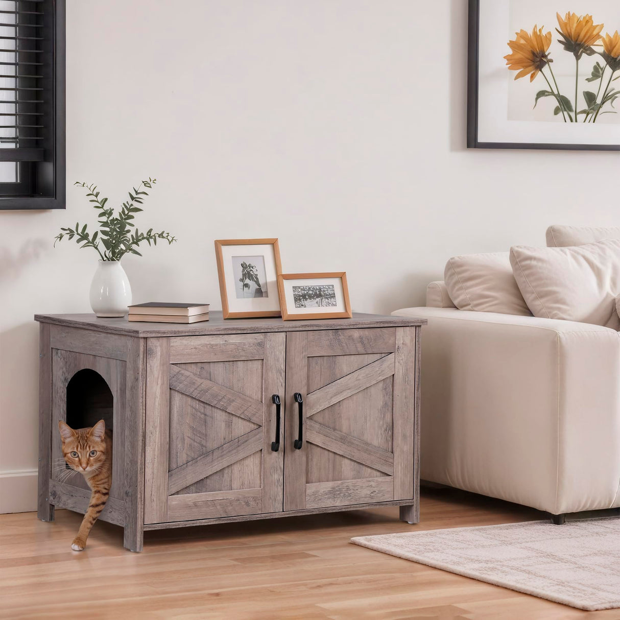 ZENY Cat Litter Box Enclosure, Litter Box Furniture Hidden, Wooden Litter Cabinet with Divider, Farmhouse Style Cat Washroom Storage Bench，Fit Most of Litter Box, Greige ZENY