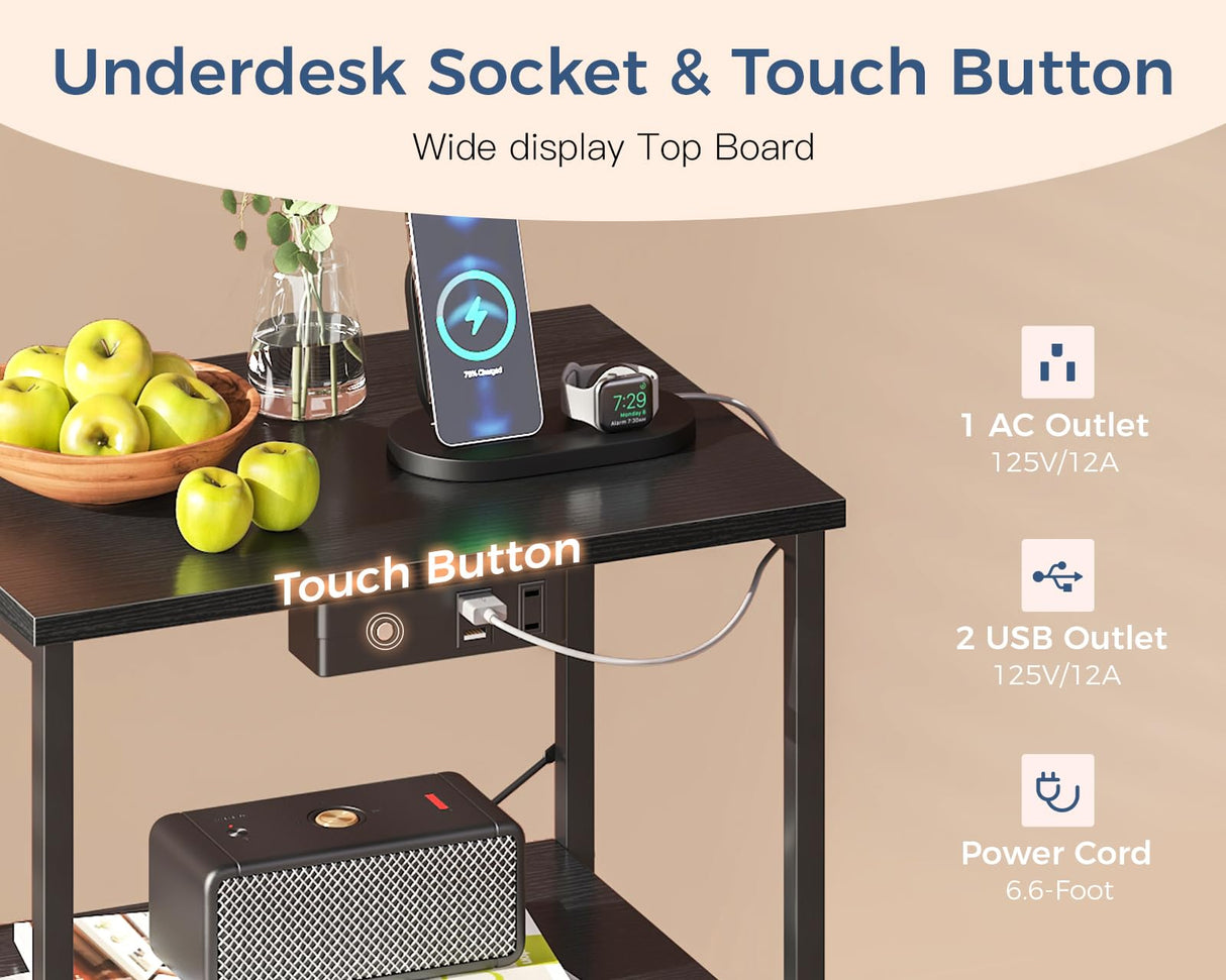 Casaottima Nightstand Set of 2 with Charger Station — USB Ports & Outlet, Bed SideTable with LED Lights, End Table with Fabric Drawers and Open Shelf, Bedside Table Night Stand for Bedroom, Black Casaottima