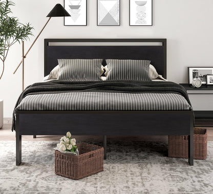 SHA CERLIN 14-Inch Queen Metal Bed Frame with Rustic Wooden Headboard – No Box Spring Needed, Large Under-bed Storage - WoodArtSupply