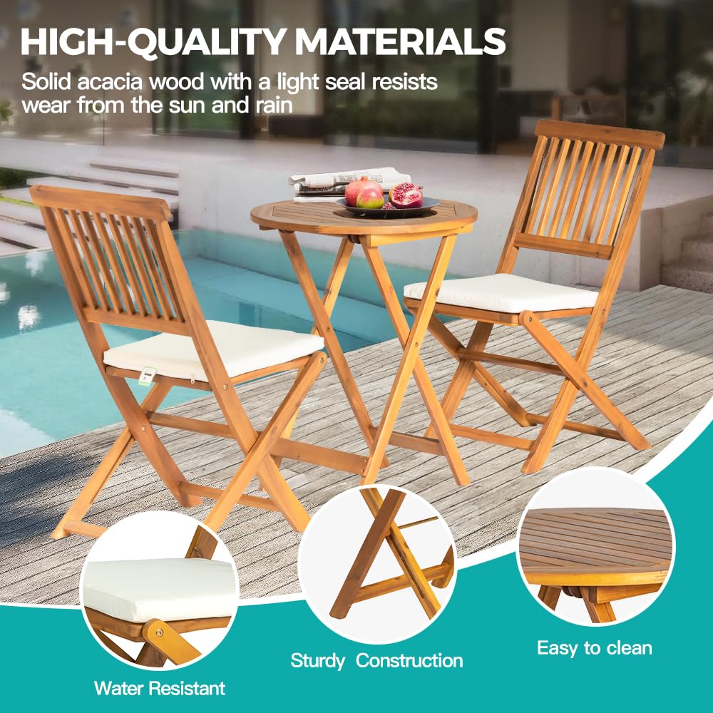 Panana 3PCS Patio Bistro Set Acacia Wood Folding Table Chairs with Cushions for Outdoor Garden Deck, Yard