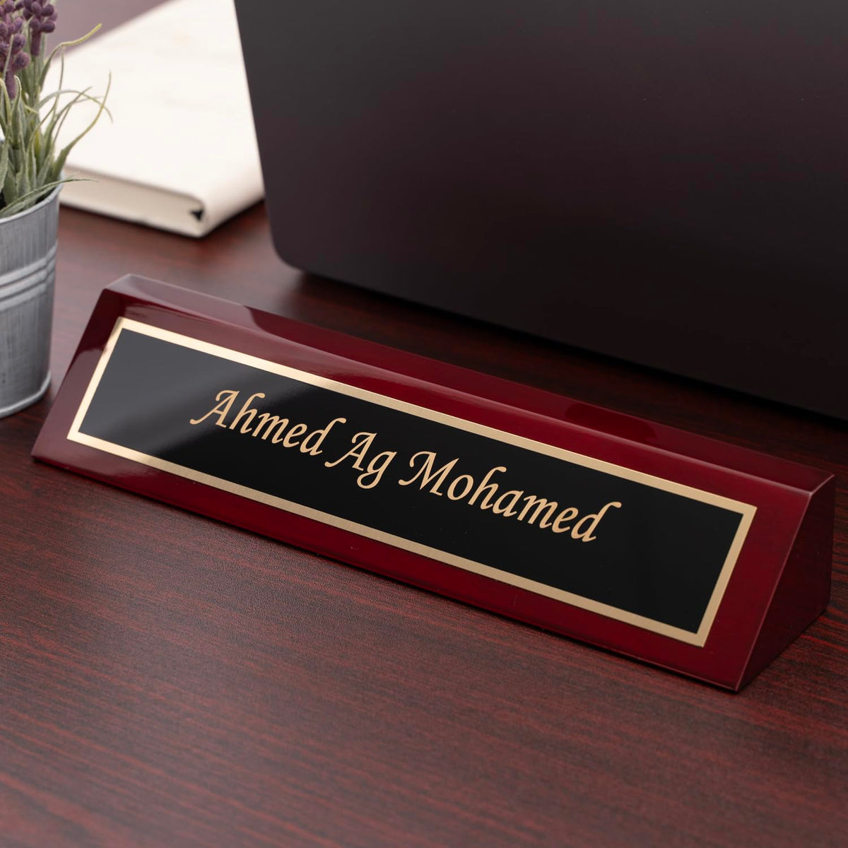 Dayspring Pens Personalized Name Plate Desk Wedge Woodmark Rosewood Desk Wedge with Custom Engraved Name. Premium Office Decor for Desk or Receptionist. Dayspring Pens
