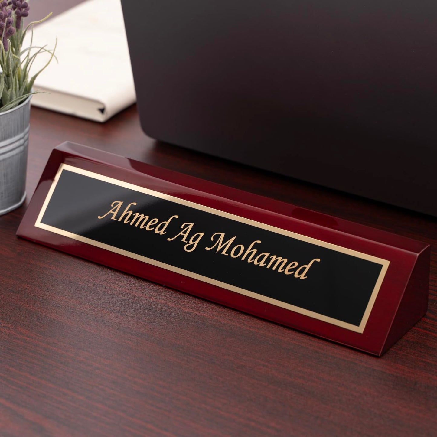 Dayspring Pens Personalized Name Plate Desk Wedge Woodmark Rosewood Desk Wedge with Custom Engraved Name. Premium Office Decor for Desk or Receptionist. - WoodArtSupply