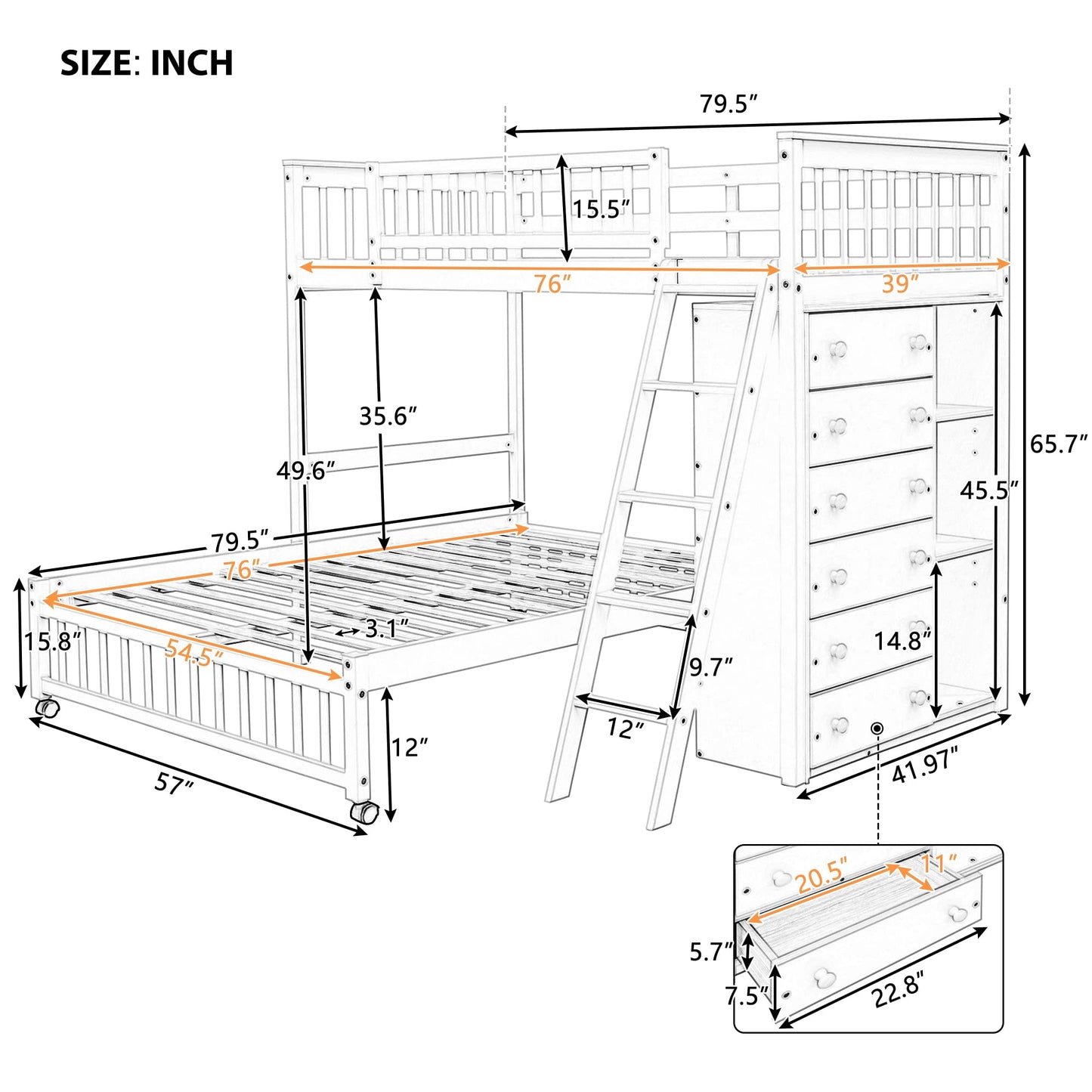 Twin Over Full Bunk Bed with Storage Drawers and Shelves by Harper & Bright Designs