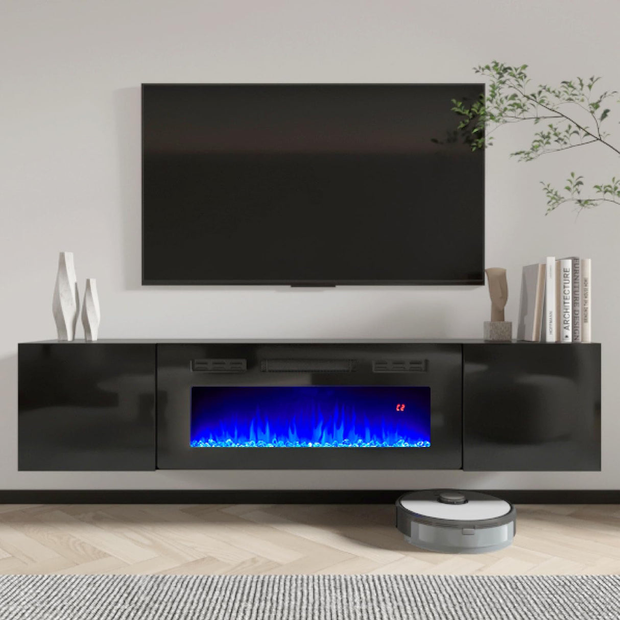 AMERLIFE Floating TV Stand with 36" Electric Fireplace, High Gloss Finish Wall Mounted Fireplace Entertainment Center with Storage for TVs Up to 78", Black AMERLIFE