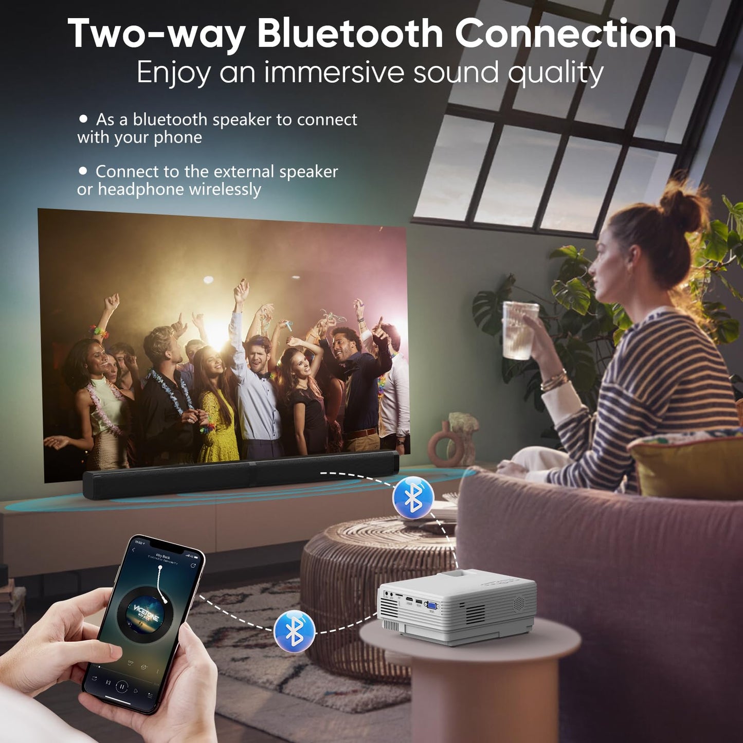 Projector with WiFi and Bluetooth, Upgrade Outdoor Projector, Mini Movie Projector Supports 1080P Synchronize Smartphone Screen by WiFi/USB Cable for Home Entertainment