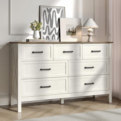 BAZELOR Farmhouse 7 Drawers Dresser for Bedroom, Modern Dresser with Metal Handle, Natural Texture, Wood Rustic Chest of Drawers for Bedroom,Living Room,Hallway and Entryway, Antique White BAZELOR