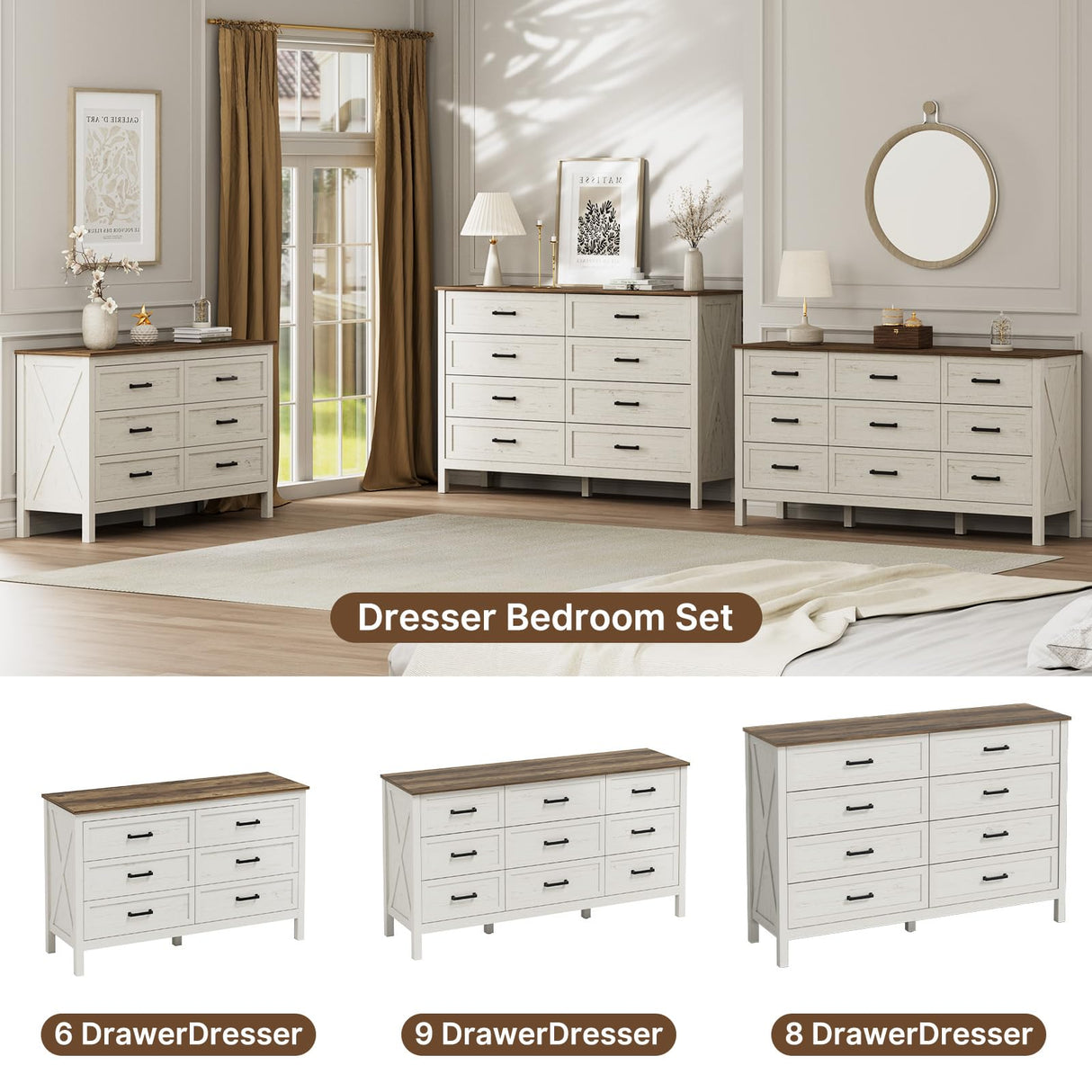 LYNSOM Farmhouse 9 Drawers Dresser for Bedroom, 55" Wide Wood Rustic Chest of Drawers with Natural Texture, Metal Handle, Storage Dressers Organizer for Entryway, Hallway, Antique White