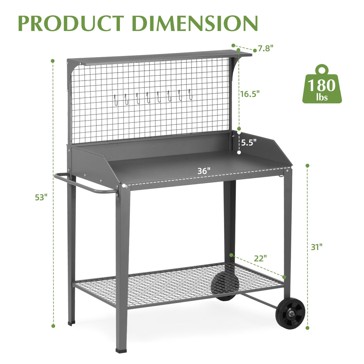 Outdoor Metal Potting Bench with Wheels, Heavy Duty Garden Workbench Table with Storage Shelf (Dark Gray, 52.8"x36.6") DDK