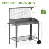 Outdoor Metal Potting Bench with Wheels, Heavy Duty Garden Workbench Table with Storage Shelf (Dark Gray, 52.8"x36.6") DDK