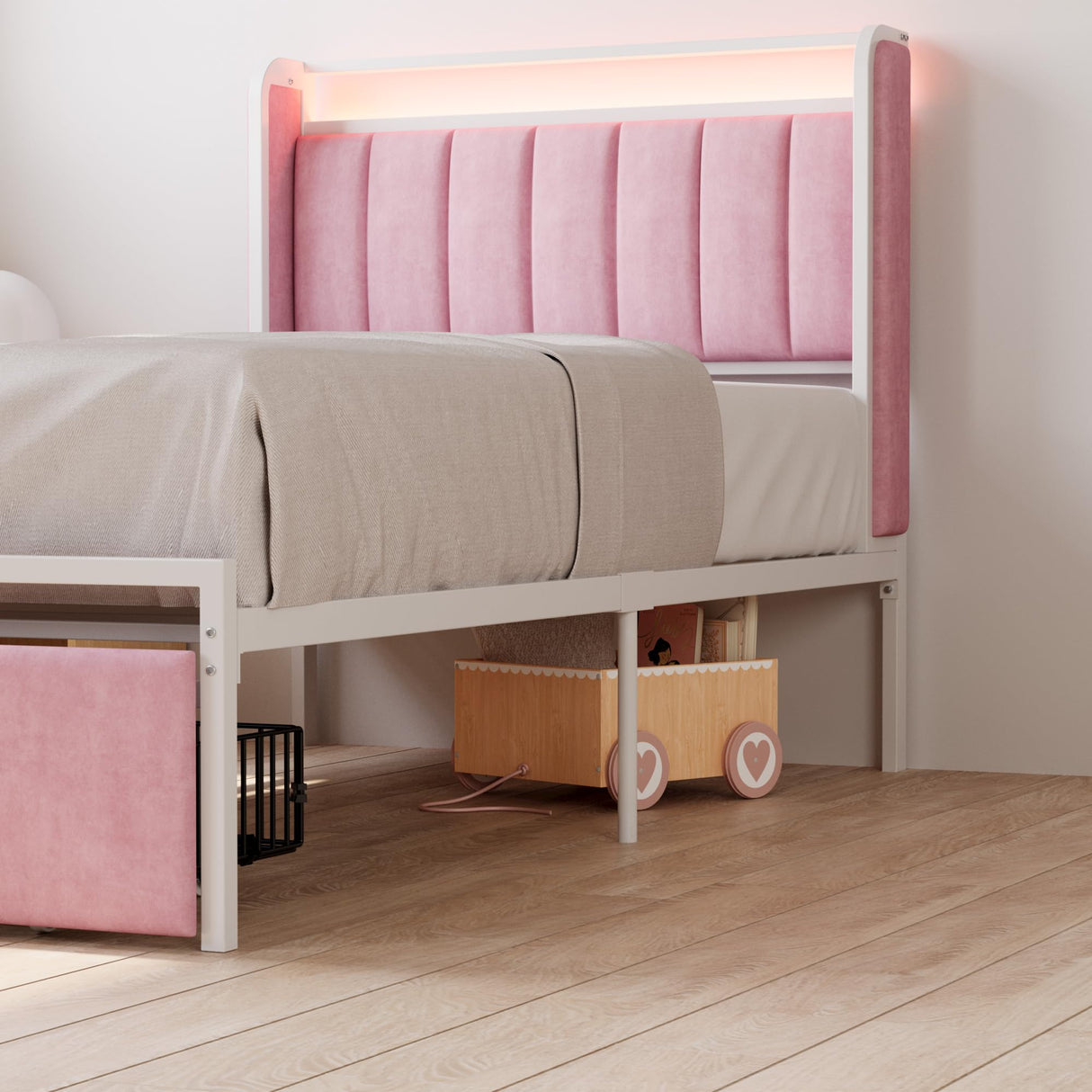 LIKIMIO Twin Size Bed Frame with Armrests Headboard & RGB Light, Upholstered Twin Size Bed Platform with Drawers, No Box Spring Needed, Study & No Noise, Modern Pink LIKIMIO