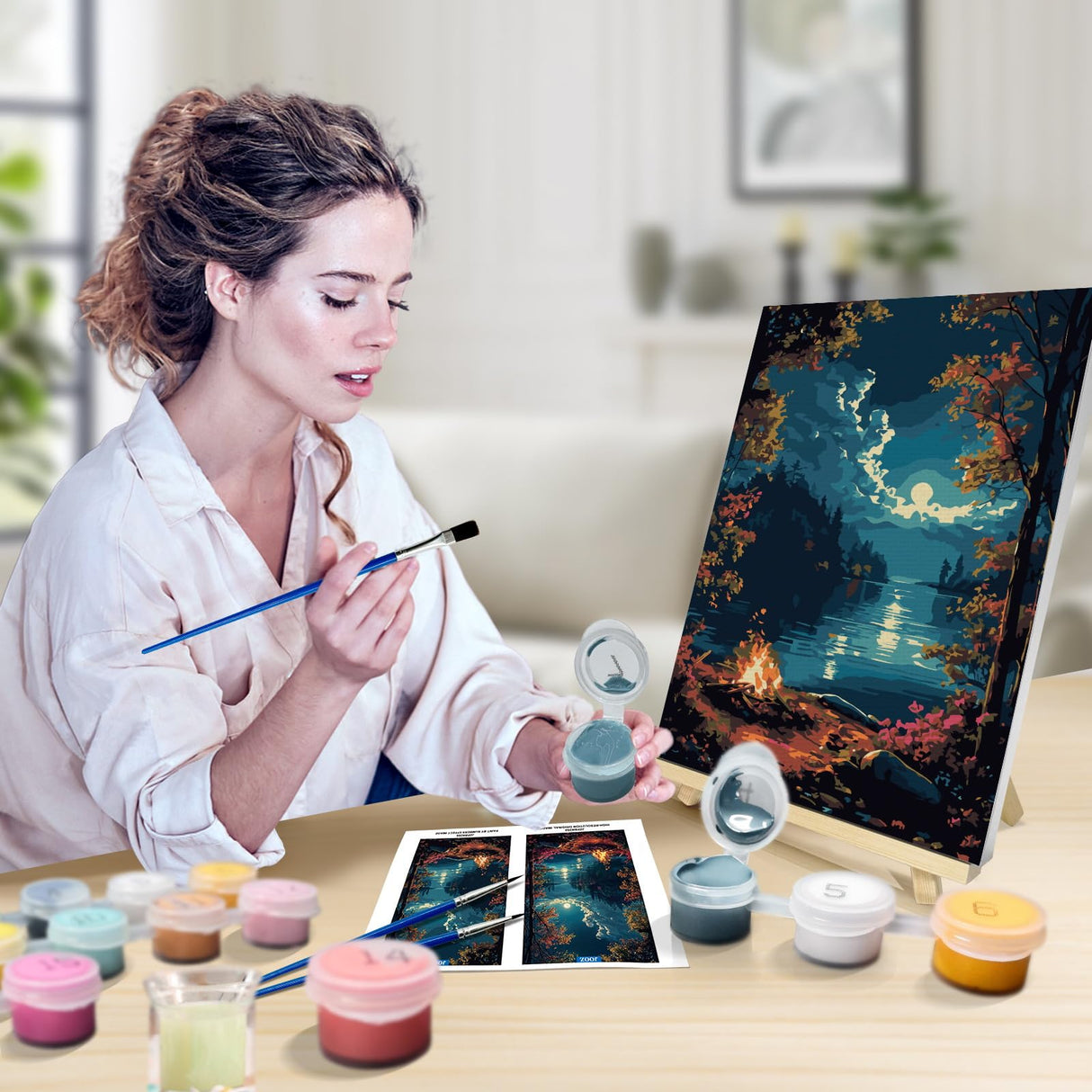 JOOZ Paint by Numbers Kit for Adults with Frame, Landscape Paint by Numbers for Adults, Moon Lake Paint by Number with Easel, DIY Acrylic Oil Painting Kit for Home Wall Decor 8 x 12 Inch JOOZ