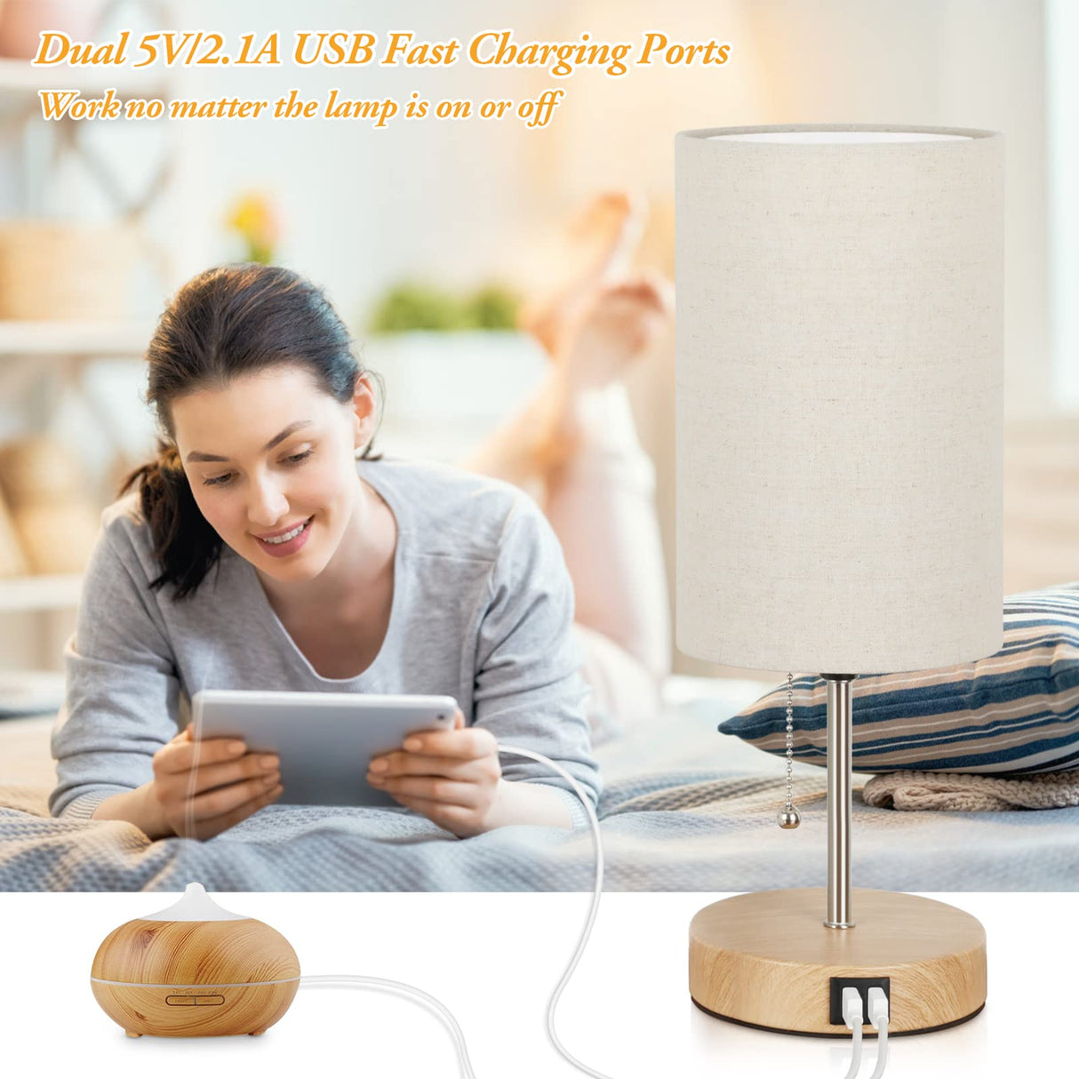 Set of 2 Table Lamps with 2 USB Ports, Modern Bedside, Desk Lamps with Pull Chain, Nightstand Lamps with Cream Fabric Shade and Oak Metal Base for Living Room Bedroom Office Reading Dorm Hotel Lakumu
