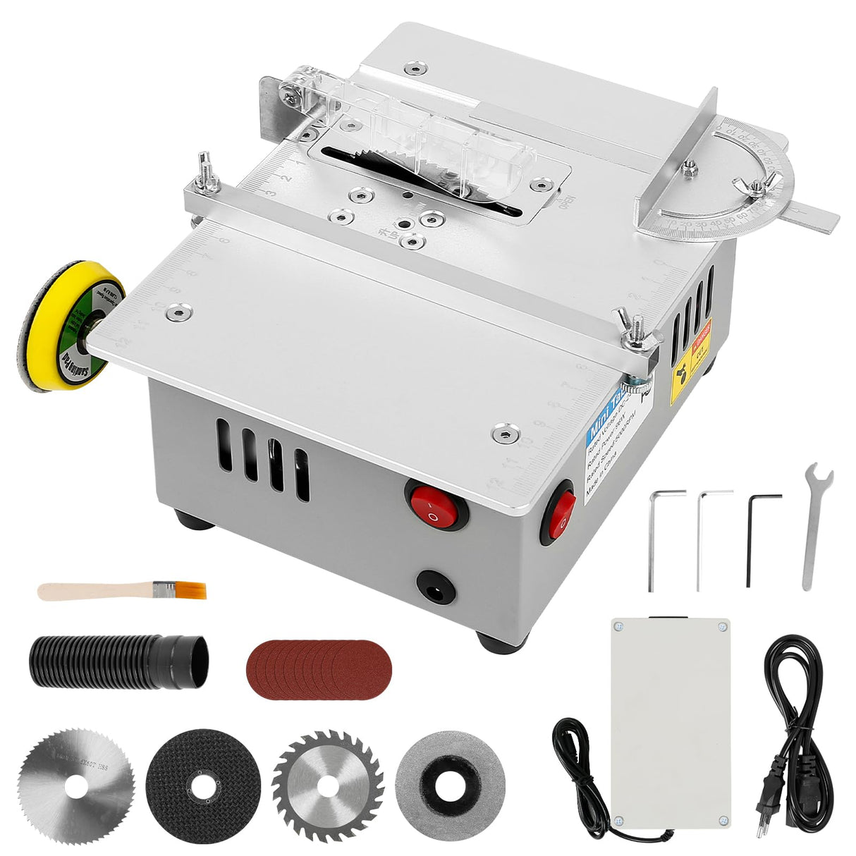 Mini Table Saw with Belt Grinder, 7-Speed Power Supply Adjustable Table Saw Portable Precision Table Saw with 4-Blades and Safety Flap, 0.1-20mm Saw Blade Height Adjustable, Aluminum F FINEC