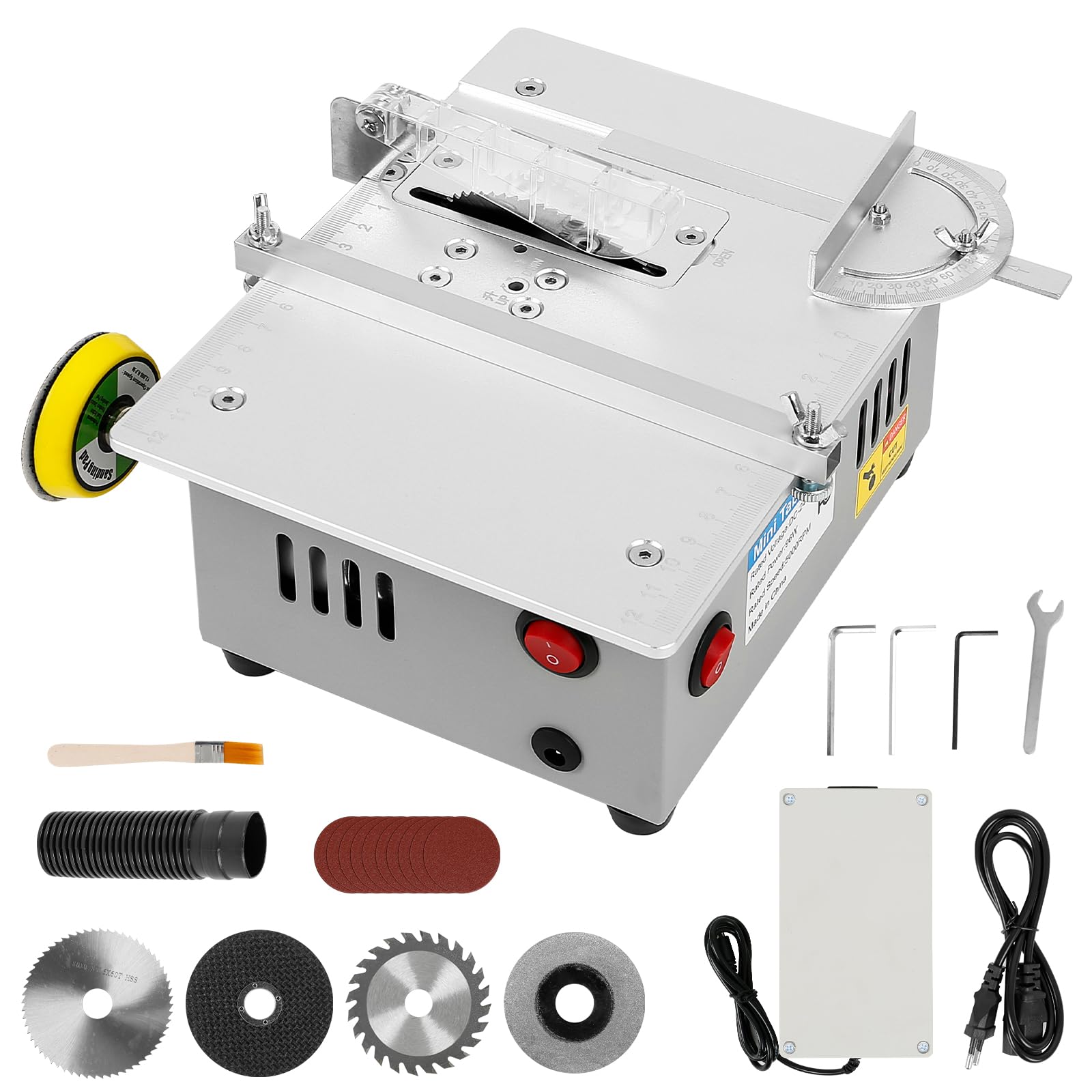 Mini Table Saw with Belt Grinder, 7-Speed Power Supply Adjustable Table Saw Portable Precision Table Saw with 4-Blades and Safety Flap, 0.1-20mm Saw Blade Height Adjustable, Aluminum - WoodArtSupply