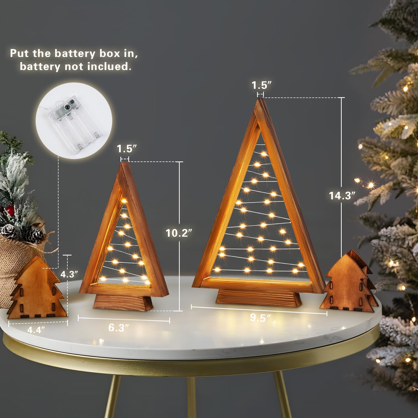 Wooden Christmas Tree with Lights, 4 Pcs Table Top Christmas Tree Lighted Mini Wood Christmas Tree Decorations Indoor Modern Farmhouse Triangle Christmas Decor