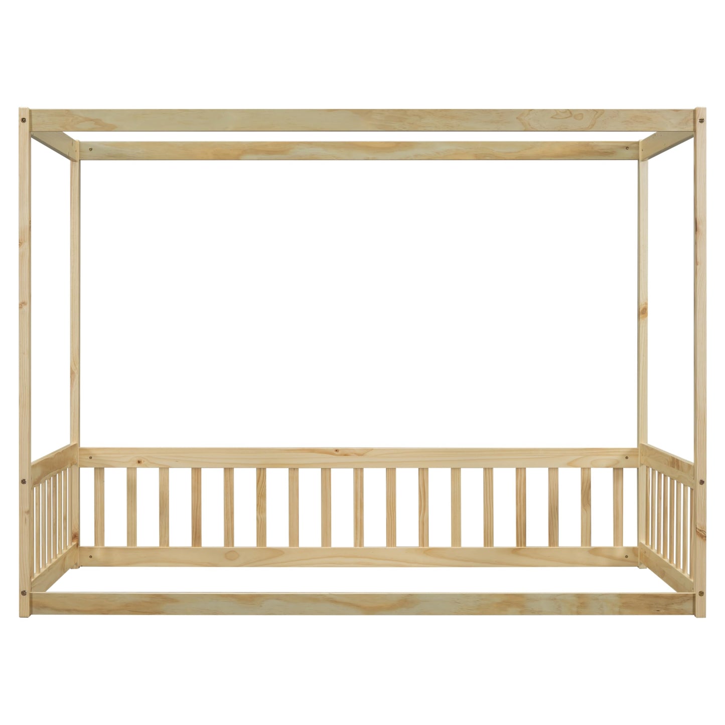 PVWIIK Twin Size Canopy Frame Floor Bed with Fence for Girls & Boys,Montessori Floor Bed w/Safety Guardrails for Girls,Boys,No Box Spring Needed, Natural