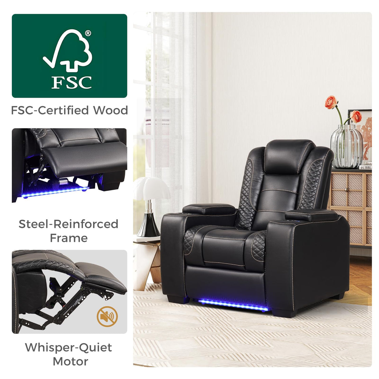 ANJ Power Home Theater Seating Set of 2, PU Leather Electric Recliner Chair with Powered Headrest, Dual Motors Movie Reclining Chairs with LED Lights,USB Port, Cup Holders, Hidden Arm Storage (Black) ANJ