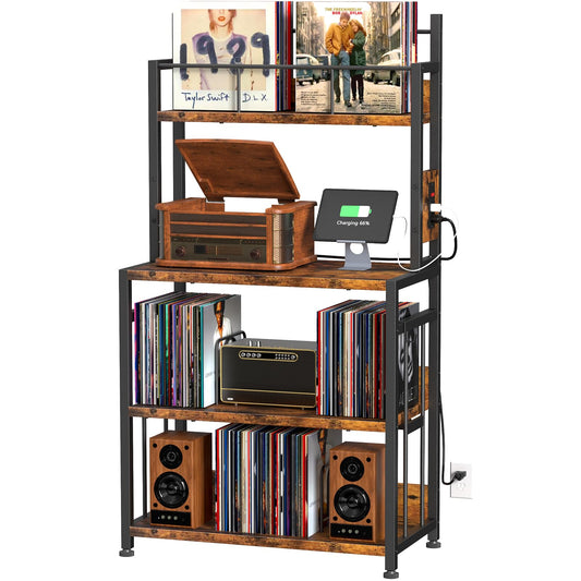 EasyCom Record Player Stand with Vinyl Storage, Turntable Stand Holds Up to 300 Albums, Large Record Player Table with Charge Station, Vinyl Record Stand for Living Room Bedroom