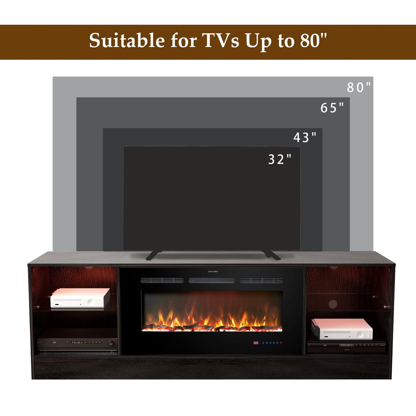 Kentsky Fireplace 72" TV Stand, Entertainment Center with 36" Electric Fireplace, LED Light Wood Storage Cabinet Table, Media Console for TVs Up to 80", Thermostat, 13 Flame Colors, Black