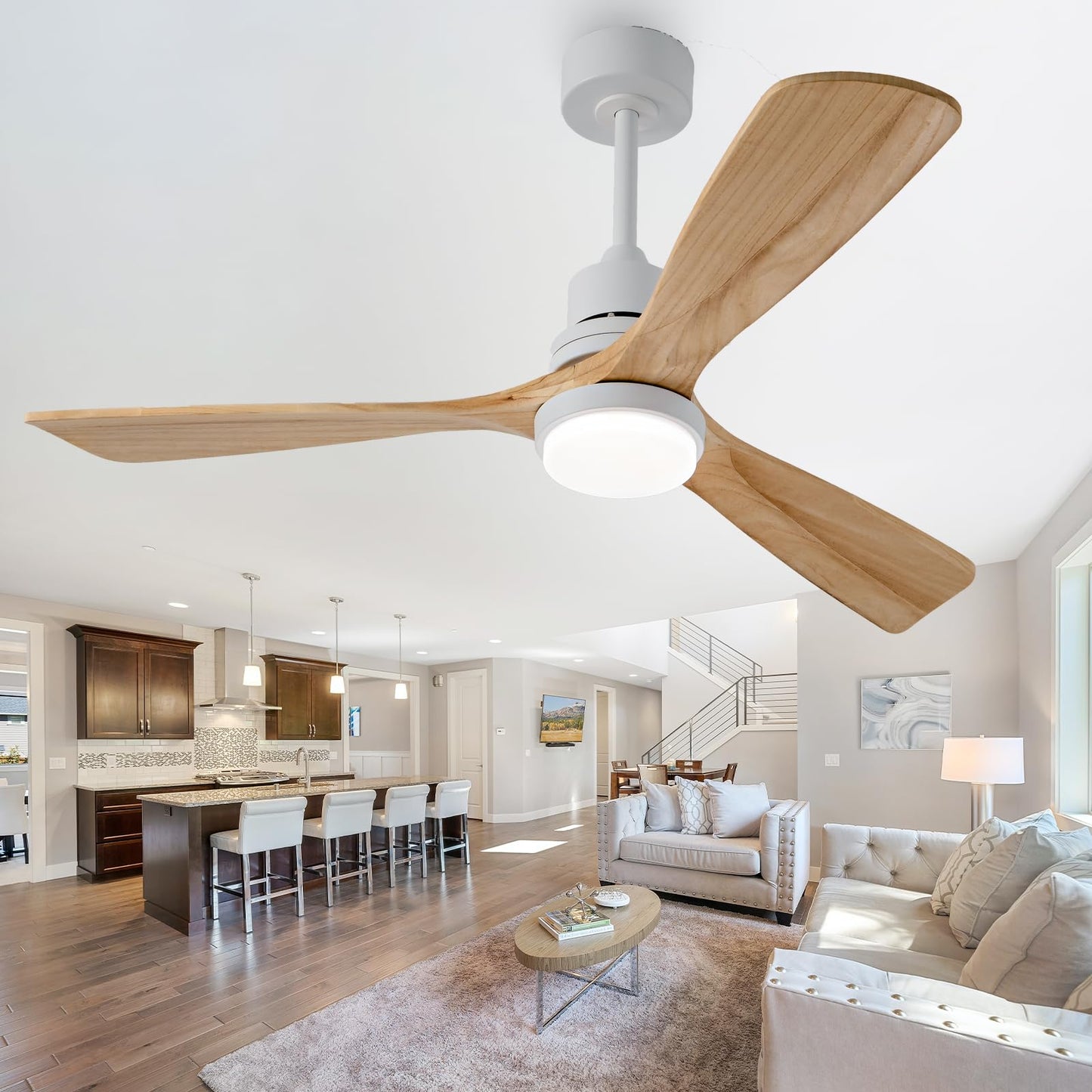 Ceversa 52 Inch Solid Wood Ceiling Fan with Light and Remote Control,3 Blades Natural Wood Modern Ceiling Fan Craftmade Noiseless Quiet for Living Room Bedroom Farmhouse Indoor Outdoor - WoodArtSupply