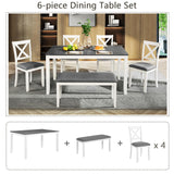 Harper & Bright Designs 6-Piece Dining Set with Bench, Kitchen Table Set with Wood Table, Upholstered Bench and 4 Cross Back Dining Chairs, White+Gray Harper & Bright Designs