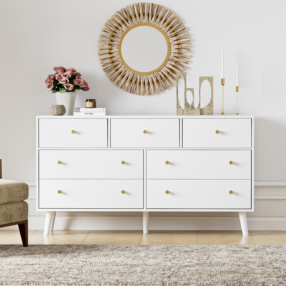 Wananlanen 7 Drawers Dresser for Bedroom, 55'' Dressers & Chests of Drawers with Gold Handles and 7 Large Drawer, Modern Double Wooden Storage Organizer Cabinet, Hallway, White Wananlanen
