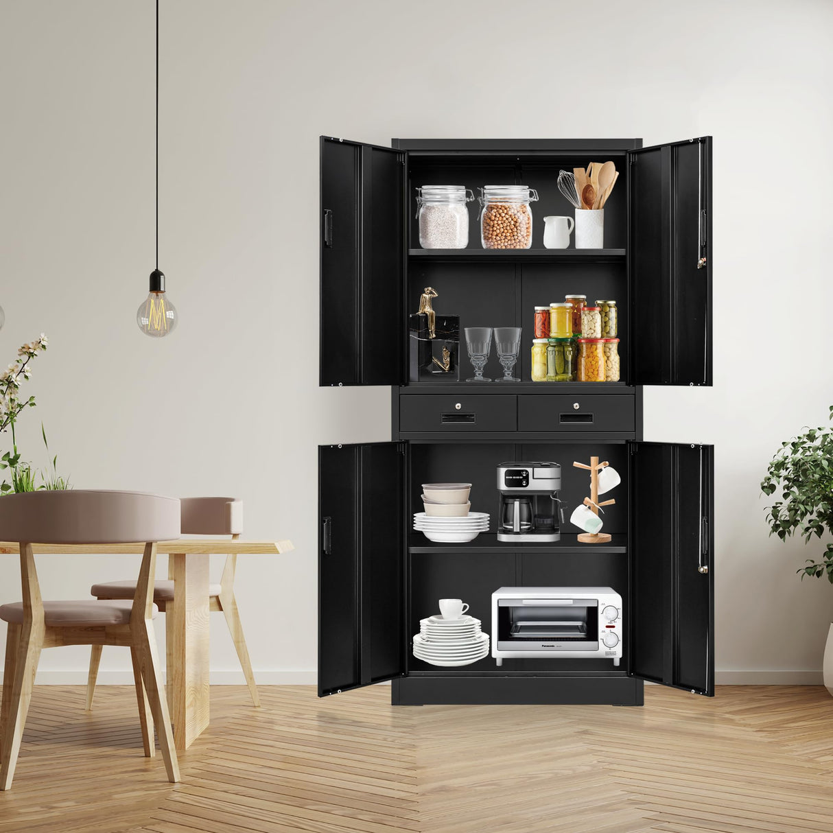 Wanfu Metal Storage Cabinet, 71" Locking Storage Cabinet with Adjustable Shelves and 2 Drawers, Steel Storage Cabinet for Office, Garage, Home, School, Utility Room(Black) Wanfu