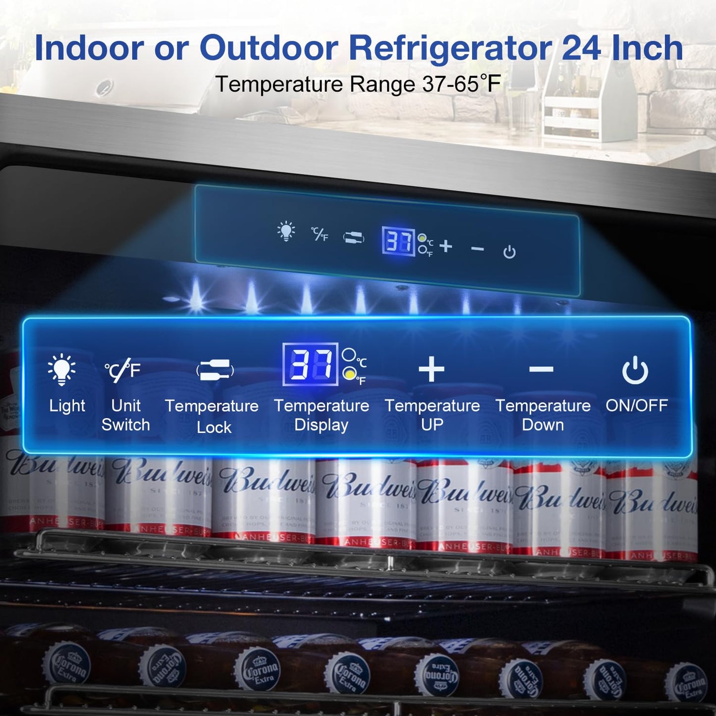 Tylza Outdoor Refrigerator 24 Inch Wide, Stainless Steel Beverage Refrigerator 176 Can for Undercounter Built-in or Freestanding, for Home and Patio, Water Proof, Fast Cooling, Low Noise, 37-65 °F