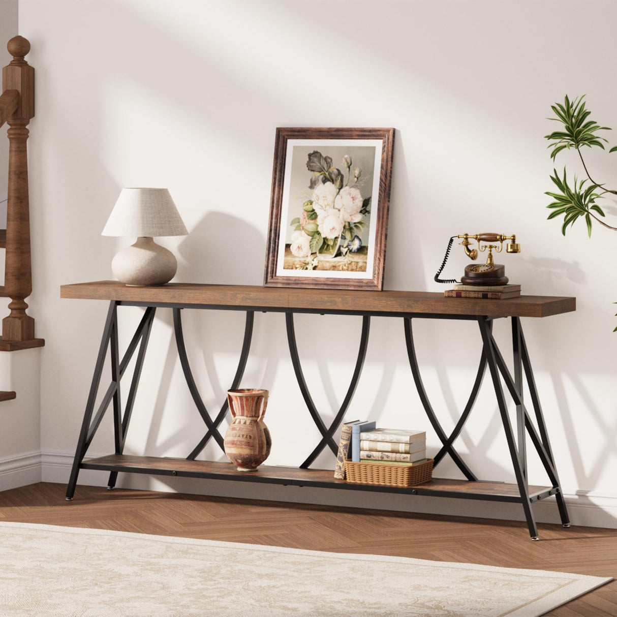 JUSTOGO 70.9" Narrow Console Table for Entryway, Industrial Long Sofa Table Behind Couch, Farmhouse Hallway Table with Storage for Living Room, Entrance, Foyer, Rustic Brown JUSTOGO