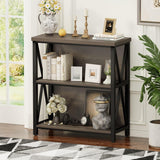 FATORRI Rustic Short 2 Shelf Bookshelf, Industrial Low Wood Bookcase, Farmhouse Small Book Case for Small Space (Walnut Brown) FATORRI