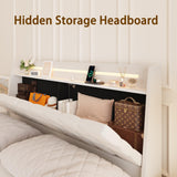 Ushow Modern Queen Floating Bed Frame with LED Lights, Storage Headboard & Charging Station in Beige USHOW