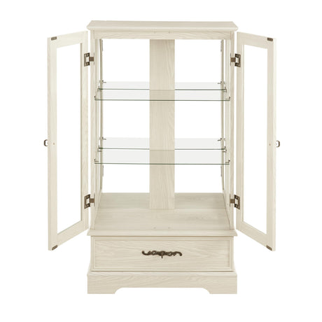 Curio Cabinet with Glass Doors Drawer, Lighted Display Cabinet with Adjustable Glass Shelves and Mirrored Back Panel, Retro Floor Standing Glass Storage Cabinet for Living Room, Antique White BAOMKONG
