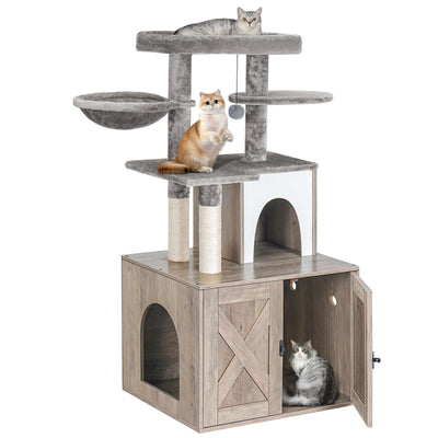 Snughome Cat Litter Box Enclosure with Cat Tree Tower and Condo, Hidden Cat Washroom Furniture with Sisal Scratching Post and Soft Plush Perch, Wooden Cat Furniture with Multiple Platforms, Grey