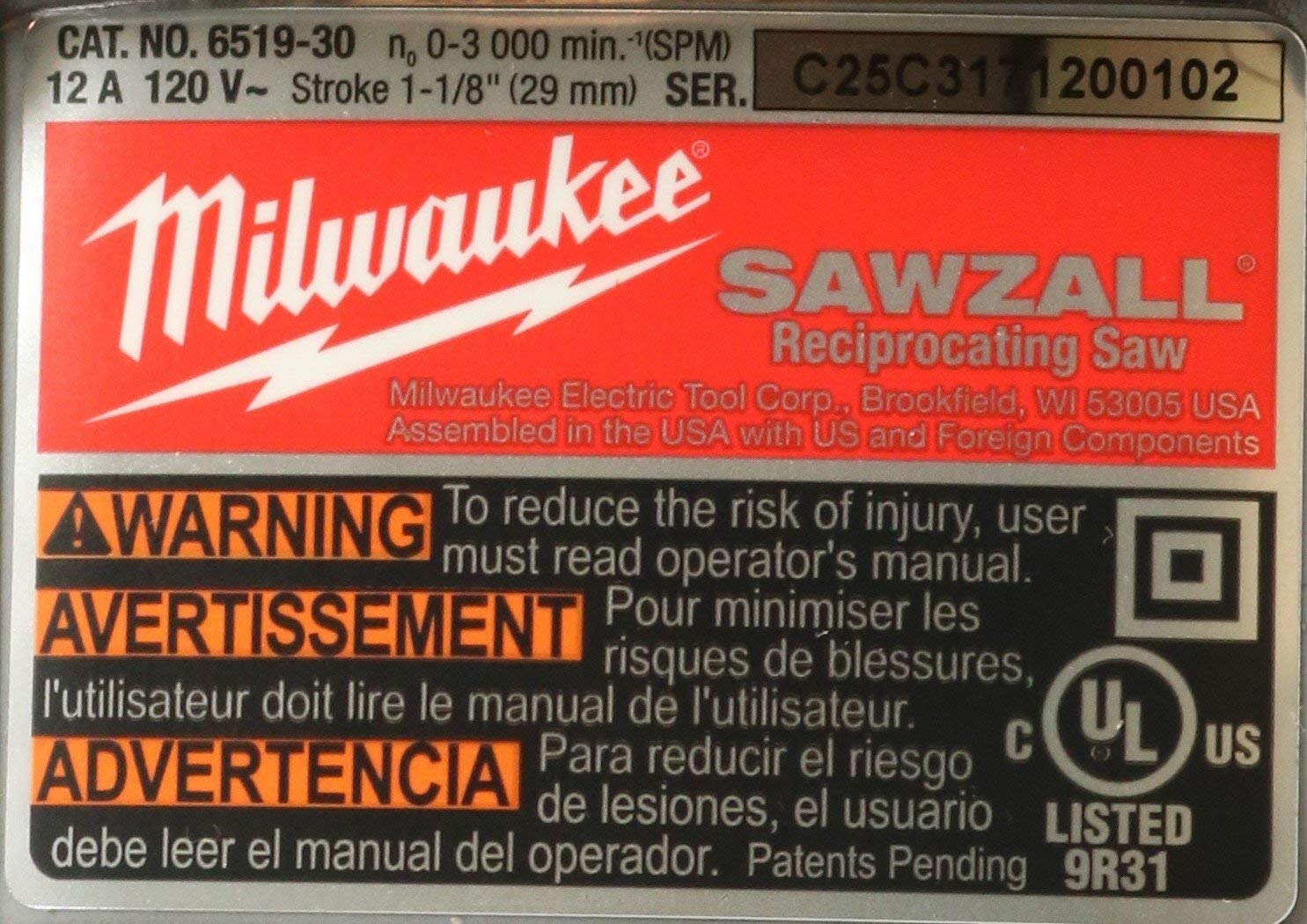 Milwaukee 6519-31 12 Amp Corded 3000 Strokes Per Minute Reciprocating Sawzall w/Variable Speed Trigger (Renewed) - WoodArtSupply