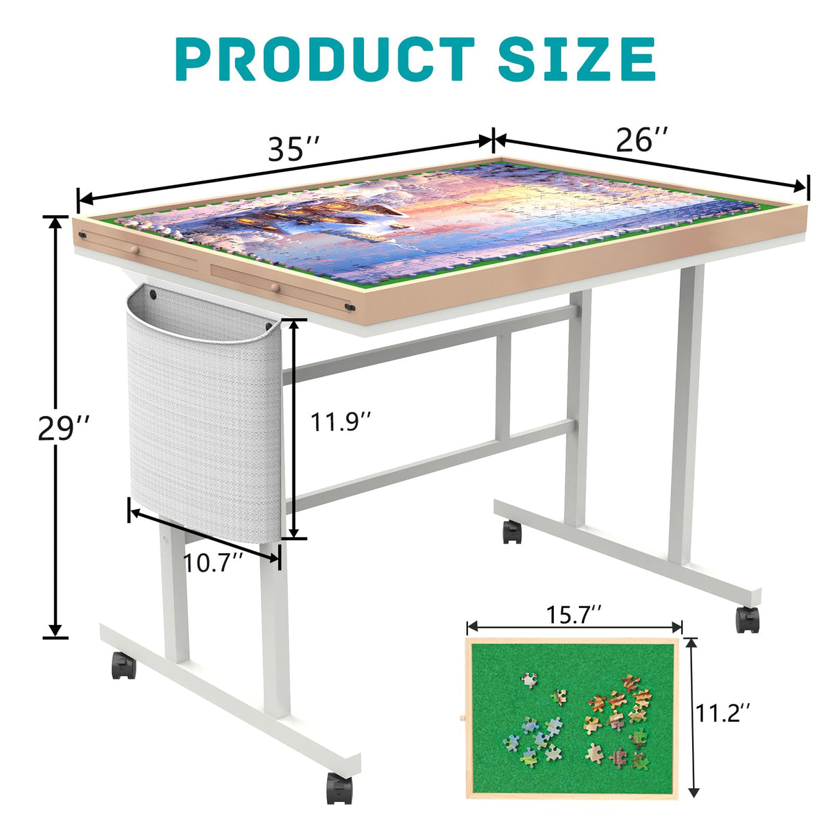 Doerpuz Jigsaw Puzzle Table 1500pcs,Puzzle Table with Legs and Storage Pocket,5 Adjustable Up Level Puzzle Tables for Adults，Puzzle Table with Drawers and Wheels,Wooden and Green Color Doerpuz