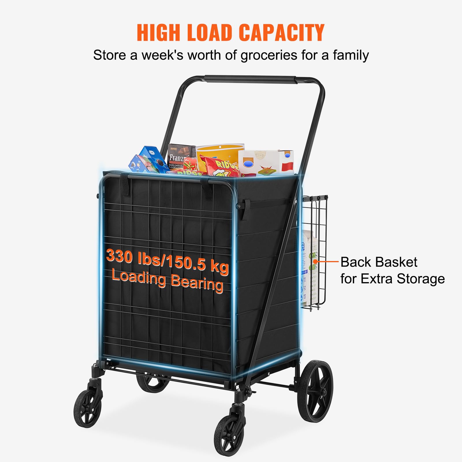 VEVOR Folding Shopping Cart with Removable Waterproof Liner, 330LBS Large Capacity Jumbo Grocery Cart with Dual Basket, 360° Swivel Wheels, Dense Metal Mesh Base, Heavy Duty Utility Cart for  - WoodArtSupply